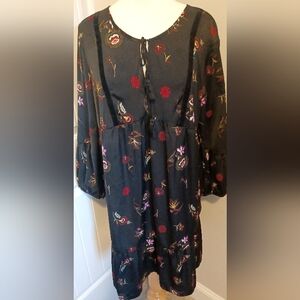 Old Navy Black Floral Ruffle, Tie Neck, Swing Dress. Sz Large #0138